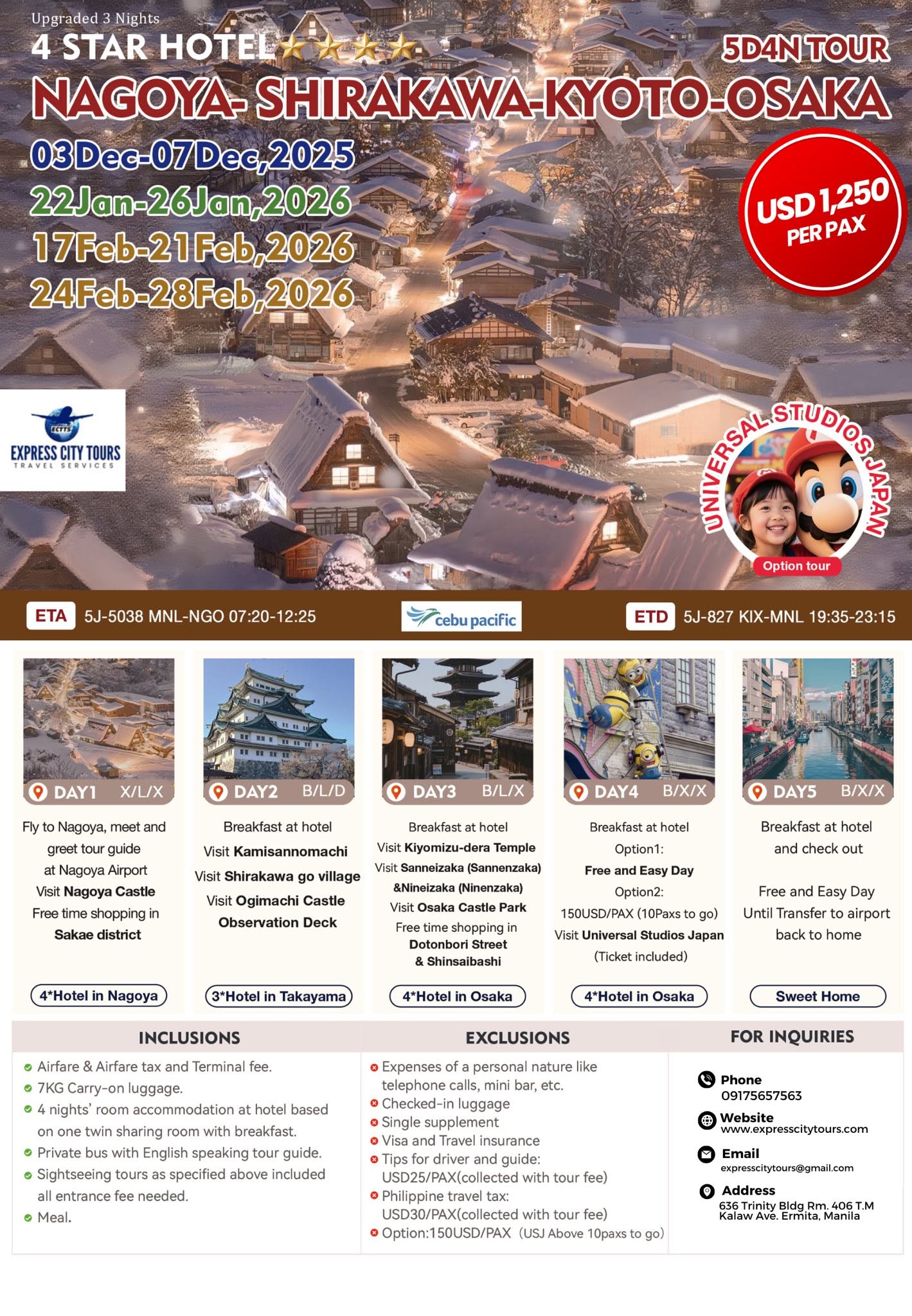 Nagoya-Shirakawa-Kyoto-Osaka 5D4N